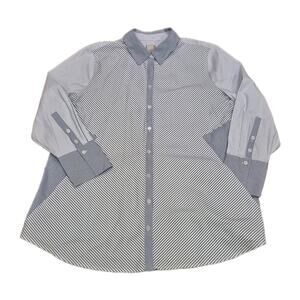 Chico's Multi Striped Button Up Shirt 3 US 16 Blue & White Tunic Pockets Coastal